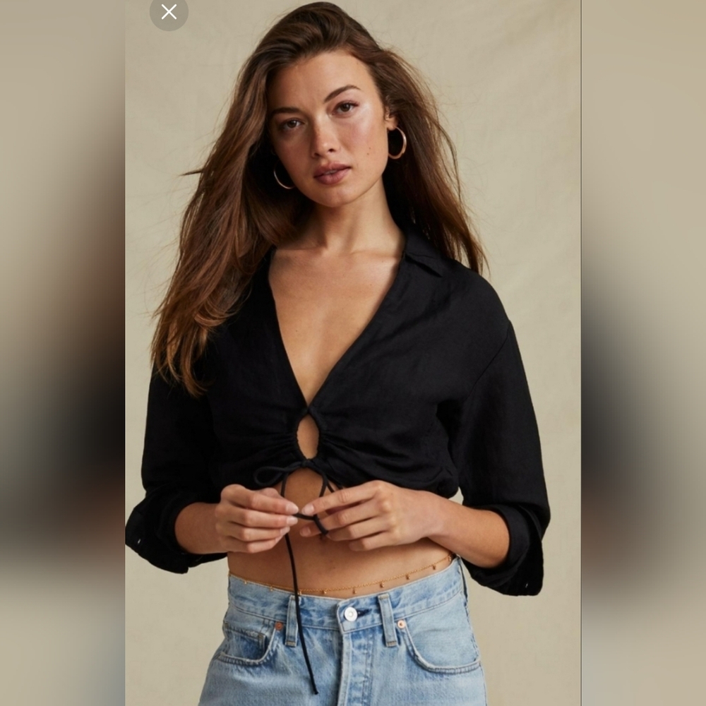 Anthropologie, Pilcro, Size XS, Black, Linen, collared, crop top